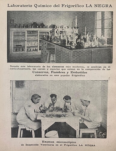 Figure 10. La Negra’s chemical lab and a group of doctors conducting a bacteriological examination. Source: Mil Fórmulas de Cocina “La Negra” (1924).