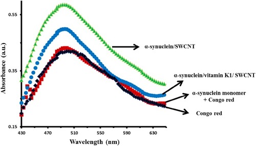 Figure 3 Congo red absorption band of α-syn with or vitamin K1 in the presence of SWCNTs.