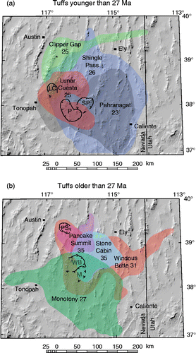 Figure 13 Distributions of major outflow tuff sheets and their source calderas in the central Nevada volcanic field that surrounds the central Nevada caldera complex, based on our unpublished data (see Best et al. Citation1989b, Citation1995 for preliminary data). Calderas labelled with abbreviations of the name of the erupted tuff and with age in Ma. (a) < 27 Ma. Asterisk southeast of Austin is our inferred location of the source of the tuff of Clipper Gap; no fault-bounded caldera source has been found. (b) >27 Ma.