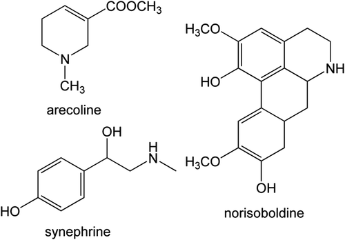 Figure 1.  Structures of arecoline, synephrine, and norisoboldine.