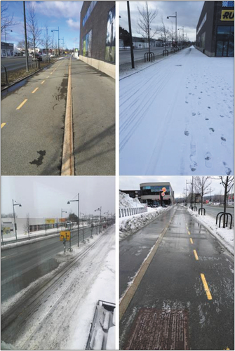 Figure 2. Typical examples of the categorized surface conditions. Top left: Bare pavement. Top right: Snow-covered pavement. Bottom left: Slush-covered pavement. Bottom right: Partly ice-covered pavement.