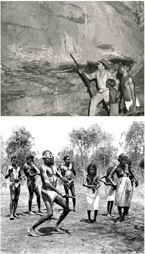 Fig. 6. Photographs by Ern McQuillian from 1959 used by Stewart to lure visitors to his Safari Park. Above, photograph of rock art from Nanguluwurr. Josie’s father Djimongurr standing to the right of Allan Stewart. Also appearing is young boy Roy. This photograph appeared as a commercial in the magazine The Bulletin 1st of June 1960. Below, Djimongurr dancing and singing for tourists at Manlarrh. His wife Molly is shown in the centre and daughter Josie, partially obscured, at the back to her right.