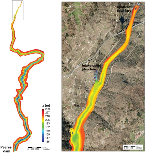 Figure 2. Bathymetry used in the numerical model of the reservoir and detail of the structure and open boundary location.