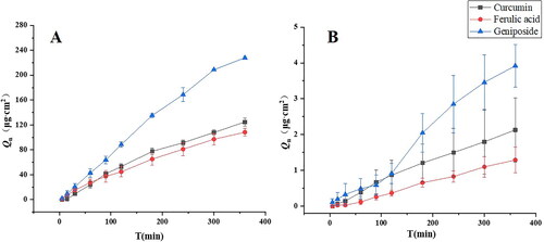 Figure 11. Permeation curves of model drugs with different properties in the pore channel (n = 3) ((A) 0.2 μm microporous filter membrane; (B) PDMS membrane).