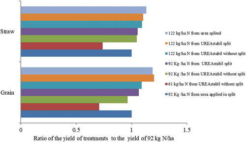 Figure 2. Grain and straw yields response ratios of bread wheat to treatments against the recommended nitrogen (92 kg N/ha with split).