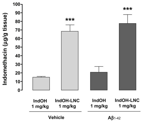 Figure 10 Lipid-core nanocapsules (LNCs) improve the brain biodistribution of indomethacin (IndOH). Brain amount of IndOH was analyzed by high-performance liquid chromatography in rats injected (2 nmol, intracerebroventricularly) with Aβ1-42 or Aβ vehicle and administered daily with IndOH or IndOH-LNCs (1 mg/kg, intraperitoneally) for 14 days, as described in “Materials and methods.”Notes: ***Significantly different between IndOH-LNC group and the respective IndOH group (P < 0.001). Bars represent the mean ± standard deviation, n = 8. Two-way analysis of variance followed by Bonferroni post hoc test.