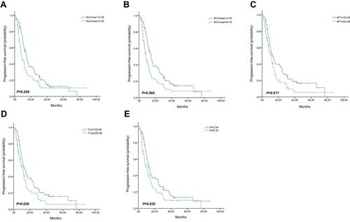 Figure 1 Kaplan–Meier curve of progression-free survival for all patients stratified by SUVmax (A), SUVmean (B), MTV (C), TLG (D) and HI (E).