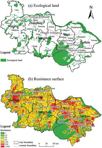 Figure 2. Ecological lands and resistance surface in Southern Jiangsu