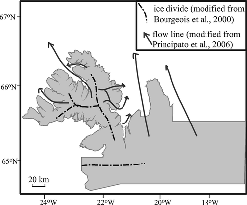 Figure 5 Ice divides and ice flow paths (modified from CitationBourgeois et al., 2000; CitationPrincipato et al., 2006).
