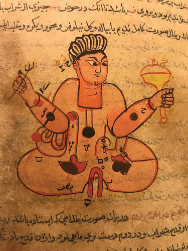 Figure 7. Semi-sectionalized drawing of figure, showing mechanisms, Wonders of Mechanics of Shadiyabadi, Mandu, 1509, British Library Or 13718, f. 114a. © British Library Board.