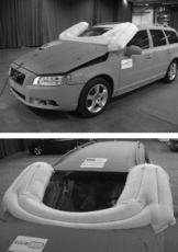 Fig. 2. Car model used in tests and protection system, consisting of active hood and windshield airbag.