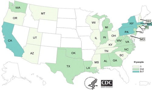 Fig. 2 Choropleth map that shows the number of people infected with the outbreak strain of Salmonella Mbandaka, by state of residence, as of June 14, 2018. Source: https://www.cdc.gov/salmonella/mbandaka-06-18/map.html.