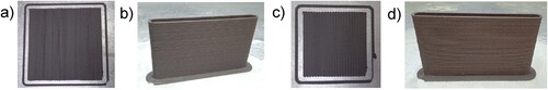 Figure 3. 3D-printed (a) ASA10CC XY plate; (b) ASA10CC XZ plate; (c) ASA30FC XY plate and (d) ASA30FC XZ plate.