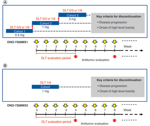 Figure 1. Study designs of (A) the ONO-7268MX1 study and (B) the ONO-7268MX2 studies.Study 1: the dosage of ONO-7268MX1 was 0.3 mg each of peptides 1–3 for cohort 1 and 1 mg each of peptides 1–3 for cohort 2. For cohort 3, the dose was 3 mg of peptide 1, 1.1 mg of peptide 2 and 3 mg of peptide 3 (the total amount of the 3 types of peptides was 0.9, 3 and 7.1 mg, respectively). Study 2: the dose of ONO-7268MX2 per administration was determined as 6 mg, which contained 1 mg each of peptides 1–6.DLT: Dose-limiting toxicity.