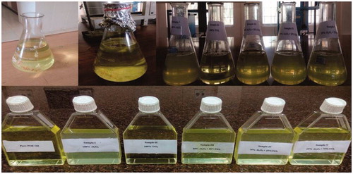 Figure 5. Samples of TiO2 and Al2O3 nano particles mixture with POE oil in different compositions after 6 months.