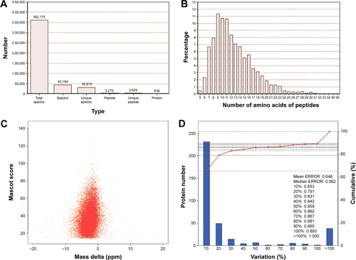 Figure S1 Quality control of iTRAQ-labeling proteomics in the discovery panel.Notes: (A) A total of 362,175 total spectra, 43,184 spectra and 30,819 unique spectra were identified, demonstrating that the number and quality of spectras used to identify proteins were enough. The number of peptides and unique peptides were 3,270 and 2,629, respectively, indicating that the number and quality of peptides used to quantify levels of proteins were enough. A total of 636 proteins were identified, suggesting that enough proteins were used to find the differentially expressed proteins. (B) Numbers of amino acids of most peptides identified by proteomics were distributed between 7 and 30, indicating that the length of most peptides is appropriate. (C) Mass delta of most peptides were distributed within 10 ppm (0.01Da), indicating accuracy of identified peptides was good. The unique peptides, whose mascot scores were greater than 40, were used to quantify levels of proteins in this study. (D) CV% of 79.1% of proteins were less than 20%, indicating that variation of quantifying results of protein levels were very small. The left y-axis reflects the blue bar graph and the right y-axis reflects the red line graph.Abbreviations: COPD, chronic obstructive pulmonary disease; iTRAQ, isobaric tags for relative and absolute quantification; CV, coefficient of variation.