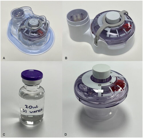 Figure 2. Image of the novel on-body delivery device. A) Unbranded Product X demonstration device in packaging. B) Unbranded Product X demonstration device outside packaging. C) 20 mL vial of deionized water was utilized instead of a therapeutic. After taking off the purple cap, the vial is pushed into the circular transfer base to load the device with deionized water. D) Placement of the unbranded Product X demonstration device dispensing water into a plastic cup.