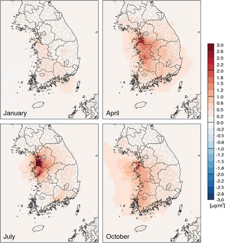 Figure 7. Spatial distribution of fossil-fuel power plant contributions for monthly average PM2.5.