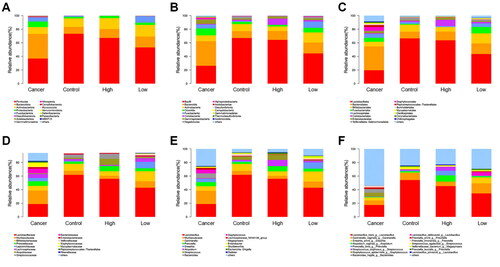 Figure 1. Composition classification and abundance comparison of vaginal microbiota.Comparison of vaginal microbiota at the levels of phylum (A), class (B), order (C), family (D), genus (E) and species (F) in the cervical Cancer group, Control group, high-grade cervical intraepithelial neoplasia (CIN) group (High group) and low-grade CIN (Low group).