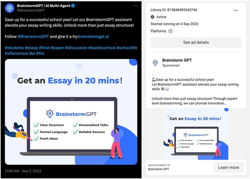 Figure 10. Advertisements for BrainstormGPT on Twitter and on Meta (Instagram).