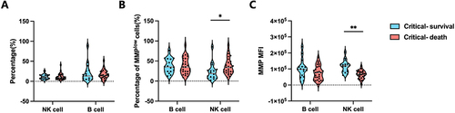 Figure 2 Differences in proportions and mitochondrial membrane potential of B and NK cell subsets between deceased and surviving critically ill patients. (A) Proportional of B and NK cell subsets among lymphocytes between deceased and surviving critically ill patients. (B) Proportional of of MMPlow B and NK cells in deceased and surviving critically ill patients. (C) MMP MFI within B and NK cell subsets in deceased and surviving critically ill patients. Unpaired t-tests or Mann–Whitney U-test were used for statistical analysis. Data shown as mean ± standard error mean, ns: not significant, *p < 0.05, **p < 0.01.