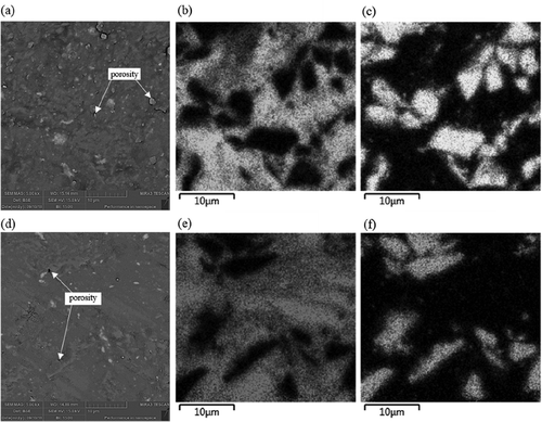 Figure 8. FESEM images and EDS analyses of AZ91D/40 wt% SiC composites. Top row, sintering at 497°C: (a) FESEM image, (b) element mapping image of Mg and (c) element mapping image of Si; Bottom row, sintering at 516°C: (d) FESEM image, (e) element mapping image of Mg and (f) element mapping image of Si.