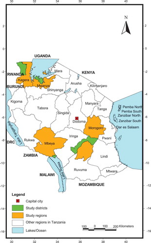 Figure 1. Map of Tanzania showing study locations which included four districts (highlighted in green) located within four regions (highlighted in yellow).