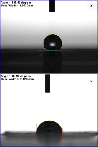 Figure 5 Water contact angle of (A) pure PLGA nanofibers (138.3±3.5°) and (B) doxycycline-loaded PLAG nanofibers (85.6±5.2°).
