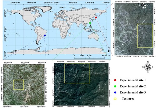 Figure 3. Geographic location of three typical experimental sites. The red dot area represents the location of experimental site 1, the green dot area represents the location of experimental site 2, and the blue dot area represents the location of experimental site 3.