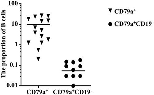 Figure 2. The percentages of cCD79a-positive B cells and cCD79a-positive CD19-negative B cells in nucleated cells.