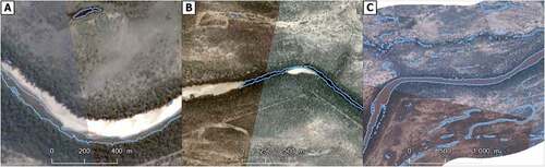 Figure 9. Water detection in raw merged Planetscope imagery at three locations within the study site affected by image edge effects – i.e. where Planetscope images were merged. Note the seamless identification of water identification across these boundary locations.