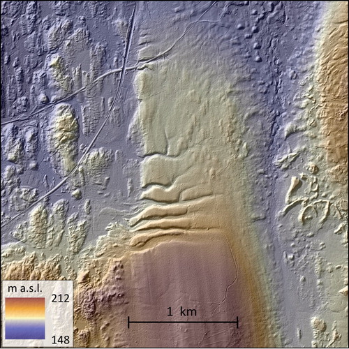Figure 7. Ice-marginal meltwater channels cut into a drumlin. These channels formed from the drainage of an ice-dammed lake to the east: as the ice retreated, it opened lower passages to the west. The location of the figure is displayed in Figure 1(B).