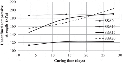 Figure 14. Relationship between SSA and unconfined compressive strength of samples at different curing ages