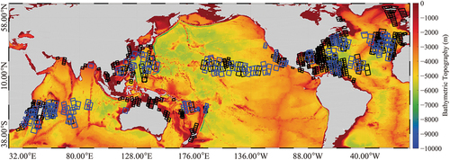Figure 1. Geographic locations of the collected Sentinel-1 synthetic aperture radar (SAR) images acquired during tropical cyclones (TCs) in 2015–2022, in which the black and blue rectangles represent the spatial coverage of S-1 images in the training and validation datasets, respectively.