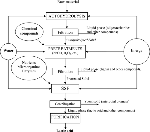 Supplementary Figure 3. Processing scheme for lactic acid production from LCMs. Figura adicional 3. Esquema de proceso de producción de ácido láctico procedente de materiales lignocelulósicos.