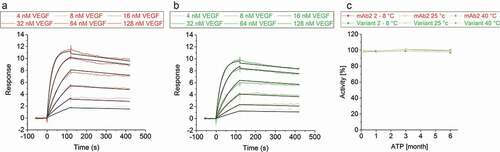 Figure 7. Vascular endothelial growth factor binding activity of mAb2 and its in silico optimized variant. Binding kinetics of a concentration series of vascular endothelial growth factor (4, 8, 16, 32, 64 and 128 nM) to immobilized (a) mAb2 and (b) the in silico optimized variant was measured. Double-referenced curves were fitted to a 1:1 binding model (black line). (c) Binding of the initial drug product (DP) of mAb2 to vascular endothelial growth factor was measured by SPR, and the response was set to 100%. The activity of all other samples was compared in percentage difference to that of the initial mAb2 DP. SEC indicated that aggregates of mAb2 are resolved in SPR buffer (data not shown).