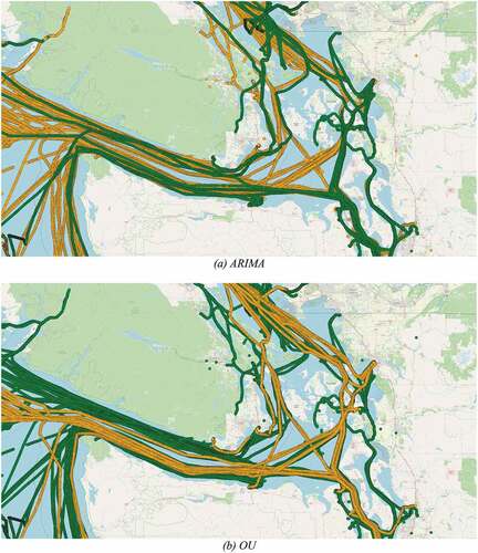 Figure 9. Illustration of fishing vessel trajectories in a region clustered by HC using 15 clusters. Figure (a) shows ARIMA results, in which trajectories in the green group present more turns and maneuvers than the yellow group. While, figure (b) presents OU. (a) ARIMA. (b) OU.