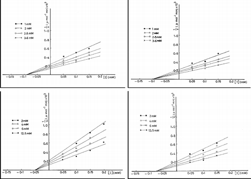 Figure 5 Dixon plots of ATCase inhibition. The enzyme is assayed at varying concentrations of CP in presence of different concentrations of compound 2 (upper panel, left) and 3 (upper panel, right) and varying concentrations of Asp in presence of different concentrations of compound 2 (lower panel, left) and 3 (lower panel, right).