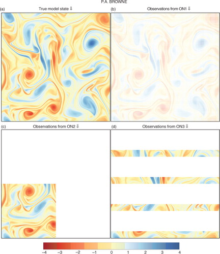 Fig. 2 Plots of vorticity for the true state and the resulting observations using the different networks at the 6th analysis time, for a particular random seed.