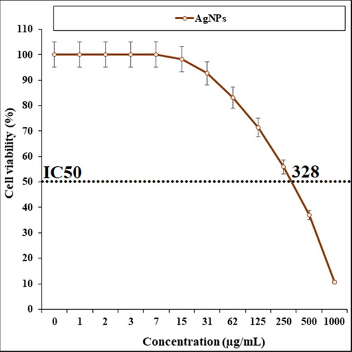 Figure 6. The anti-alveolar cancer properties (cell viability (%)) of AgNPs (concentrations of 0–1000 µg/mL).