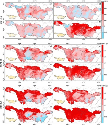 Figure 13. Trends of spring (a1–a3), summer (b1–b3), autumn (c1–c3) and winter (d1–d3) LST under SSP1-2.6 (a1–d1), SSP2-4.5 (a2–d3) and SSP5-8.5 (a3–d3) scenarios. Pixels with significant changes (p < 0.05) were colored in yellow in the two insets.