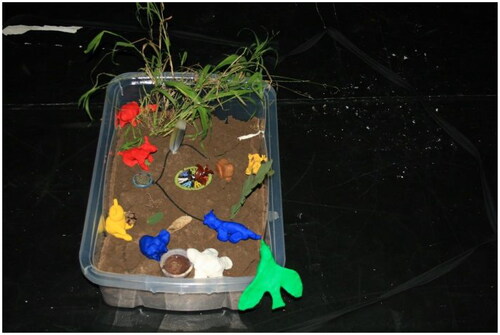 Figure 6. Participants created this sand tray from items of nature as well as the animal that symbolic represented each one of them as part of a free moving experience during Session Four ‘How to extend healing to wider community’.