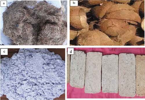 Figure 1. Image of materials used in the study (a) palm kernel fiber (b) coconut shell (c) waste paper slurry and (d) some of the untrimmed board composites developed