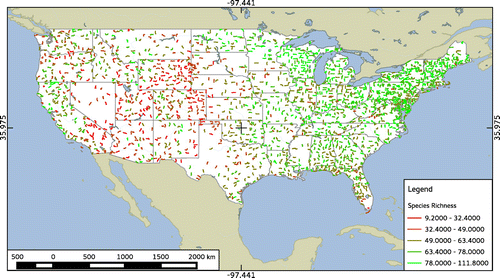Figure 1. Map of 1992 North American breeding bird survey routes color-coded by species-richness estimates, with values divided into five groups at natural breaks.