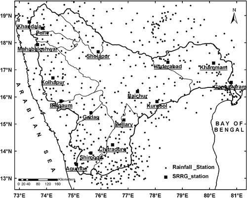 Fig. 2 Locations of rainfall and SRRG stations in and around the Krishna basin.