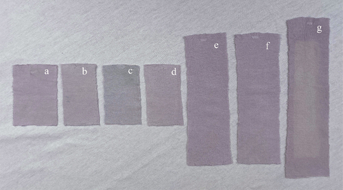 Figure 8. Images of real samples before and after tests: (a) original dyed sample; (b) sample after washing test; (c) sample after acid perspiration test; (d) sample after alkaline perspiration test; (e) sample after dry rubbing test; (f) sample after wet rubbing test; (g) sample after light exposure test.