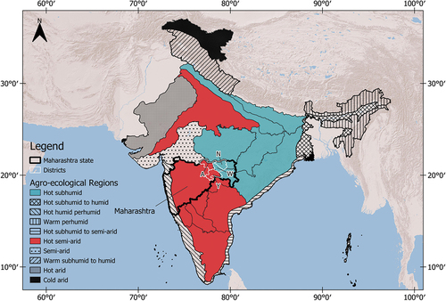 Figure 1. An agro-ecological map of India, highlighting the four districts in Maharashtra state selected for the surveys, i.e., A - Amravati, N - Nagpur, W - Wardha and Y - Yavatmal. The districts lie in the hot semi-arid and hot subhumid zones. Map modified from the Open Government Data Platform (Govt. of India, 2022).