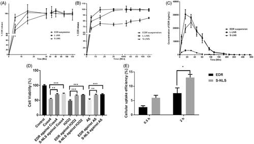 Figure 3. In vitro release profile of EDR suspension, L-LNS, and S-LNS in various dissolution media SGF (A) and SIF (B) (mean ± S.D., n = 3). The release rate of the L-LNS and S-LNS compared to EDR suspension were statistically significant (p < 0.0001) at all the time points in the SIF media while no significant difference (p > 0.05) was observed in the SGF media; Plasma concentration–time curves for the EDR suspension, L-LNS and S-LNS (30 mg/kg) in Sprague–Dawley rats after oral administrations (C) (mean ± S.D., n = 6). L-LNS and S-LNS showed statistically significant (p < 0.001) improvement of EDR’s plasma profile as a function of time up to 90 min compared to EDR suspension. Effect of EDR and S-LNS on cell viability in presence of CuSO4, H2O2 and Abeta 42 (D). In vitro cellular uptake efficiency of S-LNS and EDR SH-SY5Y695 cell line after incubating for 0.5 and 2 h (E) (mean ± S.E., n = 3). *P < 0.05, **P < 0.01, ***P < 0.001 and ****P < 0.0001. One and two-way ANOVA and Sidak's multiple comparisons test. Data for EDR suspension was adopted from the earlier report (Parikh et al., Citation2016).