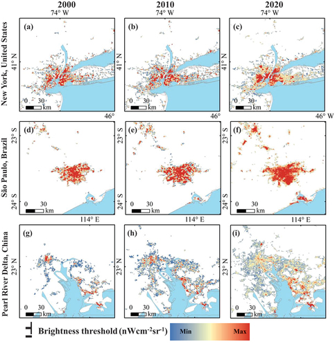 Figure 13. Brightness thresholds within typical cities in different continents.