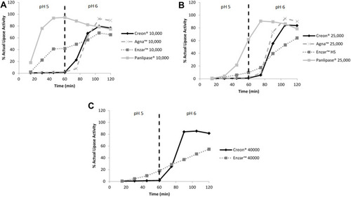 Figure 3 Enzyme release kinetics of pancreatic enzyme preparations. Enzyme release kinetics for (A) Creon® 10,000, Agna™ 10,000, Enzar™ 10,000, and Panlipase® 10,000 (B) Creon® 25,000, Agna™ 25,000, Enzar™ HS and Panlipase® 25,000 (C) Creon® 40,000 and Enzar™ 40,000. Test items were incubated in phosphate buffer pH 5 for 60 min and then phosphate buffer pH 6 for 60 min. The vertical dashed line represents the transition between the pH 5 and pH 6.